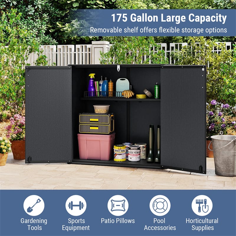 175 Gallon Outdoor Storage Shed, All-Weather Resin Patio Storage Box with Floor, Lockable Door & Removable Shelf, Waterproof Garden Tool Shed