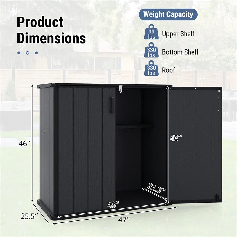 175 Gallon Outdoor Storage Shed, All-Weather Resin Patio Storage Box with Floor, Lockable Door & Removable Shelf, Waterproof Garden Tool Shed