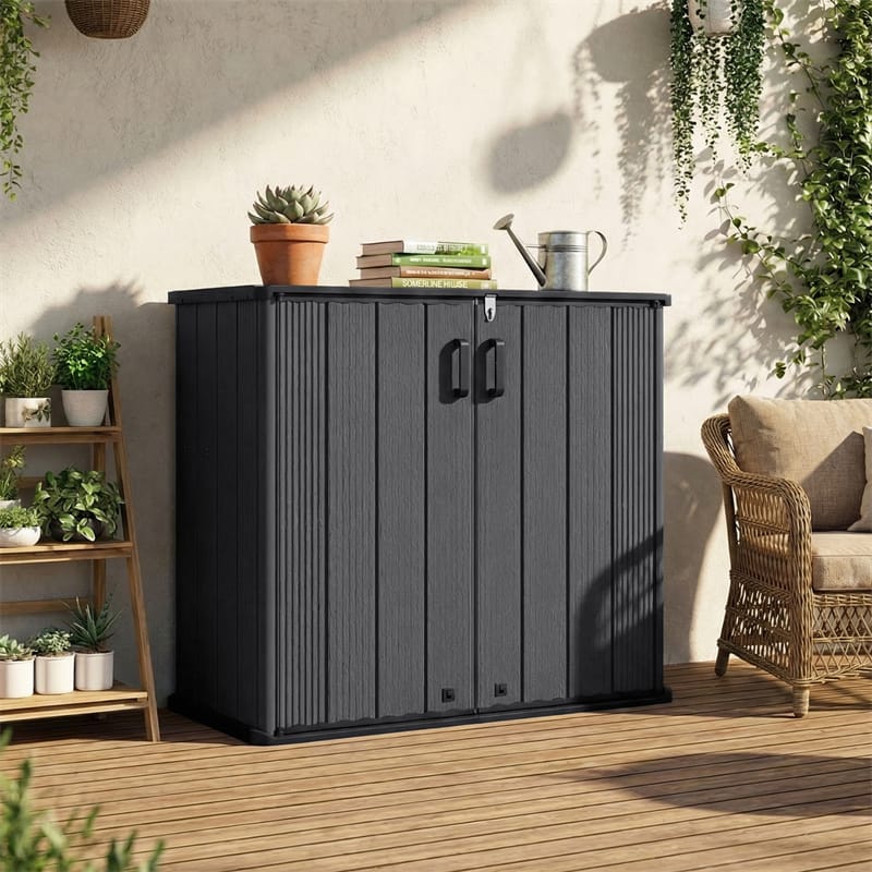 175 Gallon Outdoor Storage Shed, All-Weather Resin Patio Storage Box with Floor, Lockable Door & Removable Shelf, Waterproof Garden Tool Shed