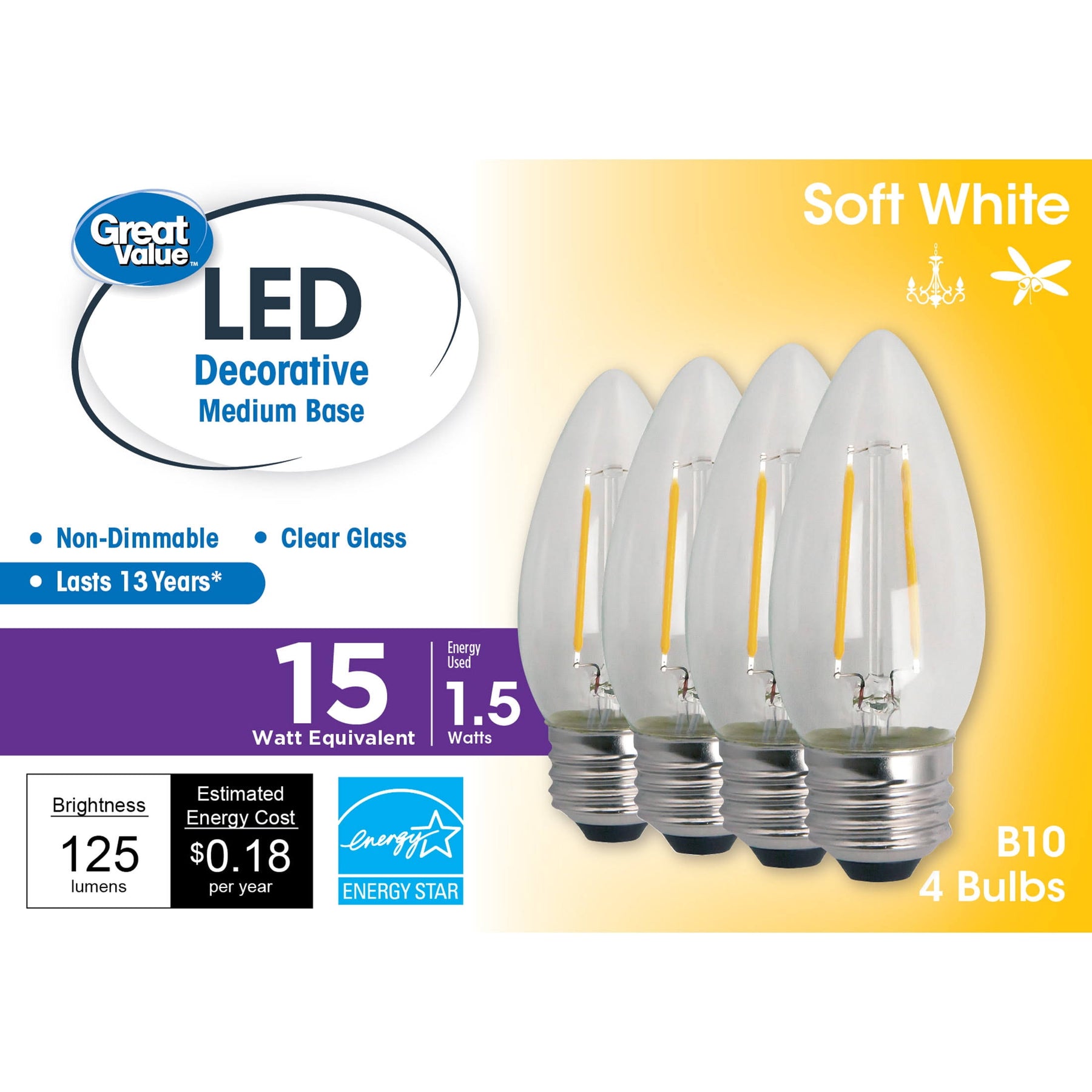 Great Value LED Light Bulb, 1.5 Watts (15w Equivalent) B10 Deco Lamp E26 Medium Base, Non-Dimmable, Soft White, 4-Pack
