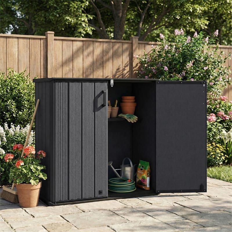 175 Gallon Outdoor Storage Shed, All-Weather Resin Patio Storage Box with Floor, Lockable Door & Removable Shelf, Waterproof Garden Tool Shed